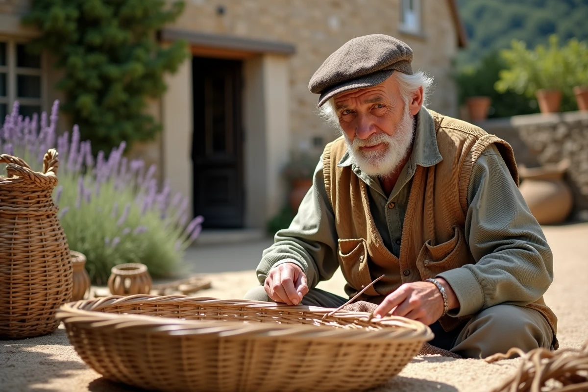 Homme âgé tissant un panier en extérieur dans un village