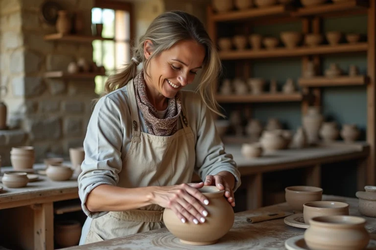 Femme artisan française façonnant une poterie en atelier
