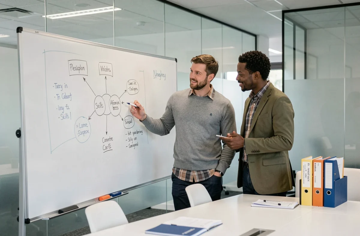 Groupe de professionnels en atelier de formation collaborative autour d'un tableau interactif