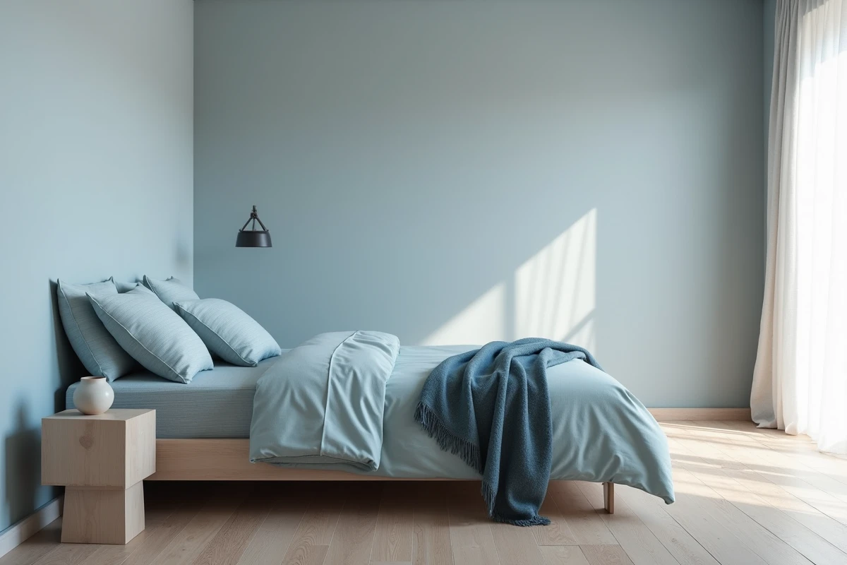 Chambre minimaliste en bleu poudré et blanc cassé avec lit plateforme, linge de lit en percale et parquet chêne clair