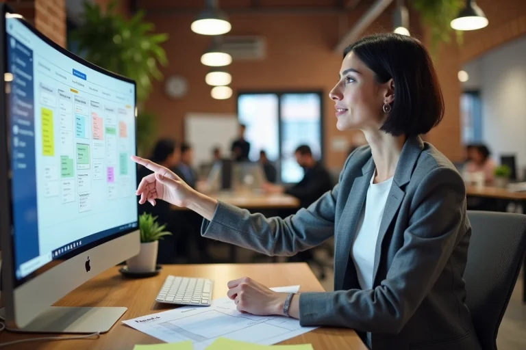 Cheffe de projet web utilisant une plateforme collaborative de gestion de tâches sur grand écran dans un open space moderne