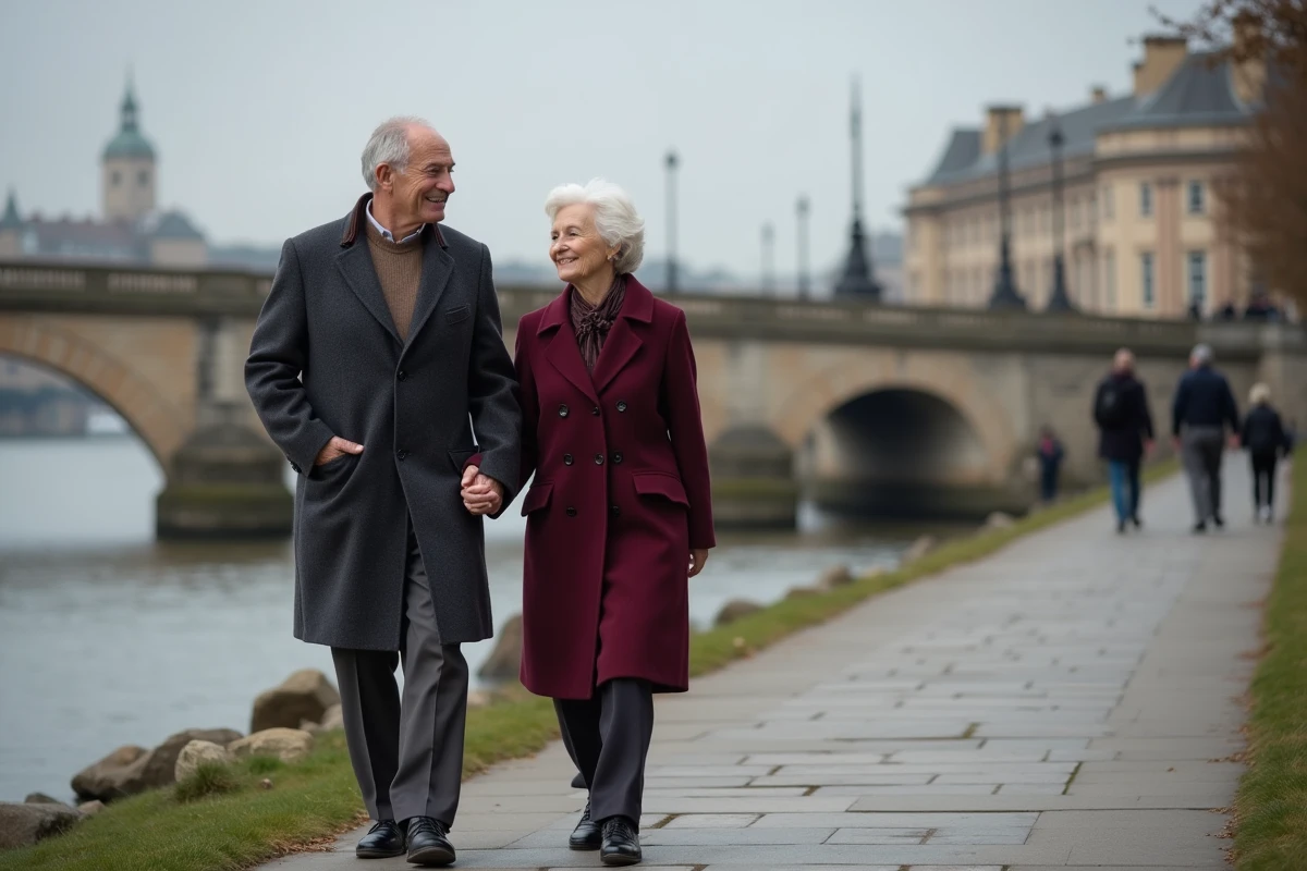 Couple britannique élégant se promenant main dans la main au bord de la Tamise, évoquant une belle histoire d'amour et la vie sentimentale d'une personnalité