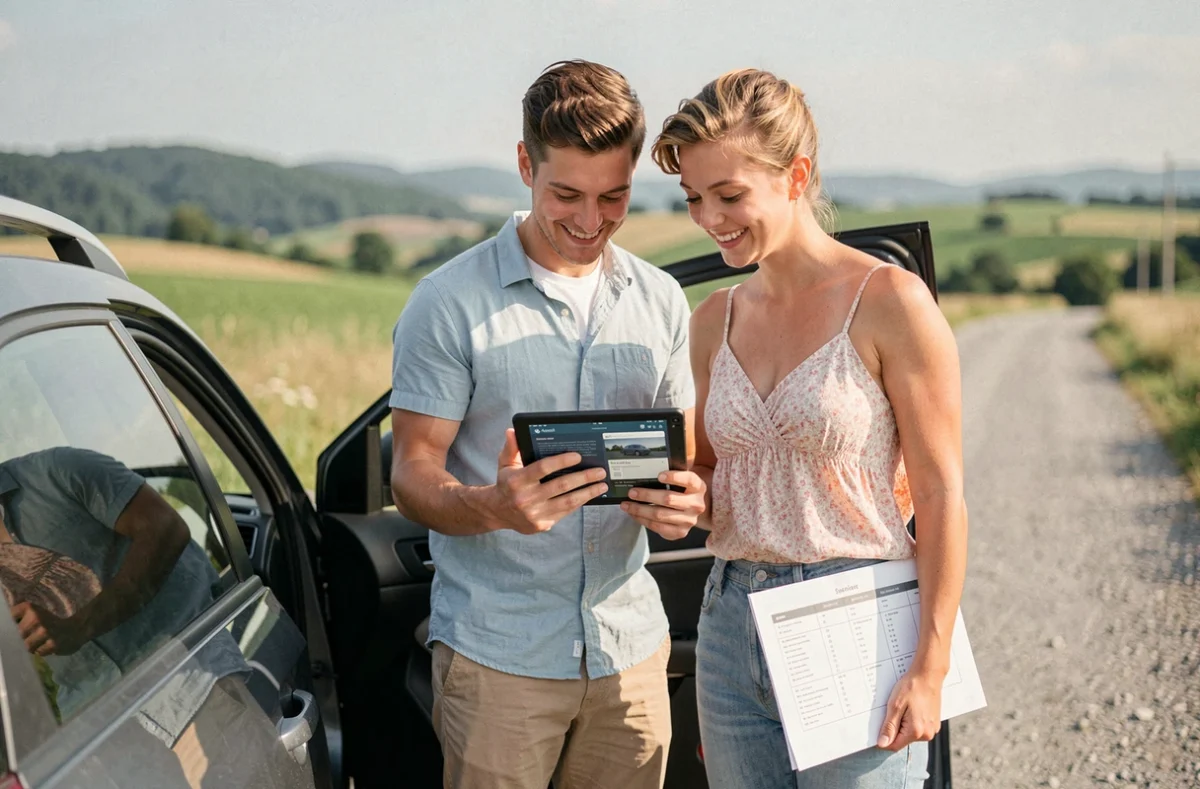 Couple comparant des offres de location de voiture sur tablette avant un road trip