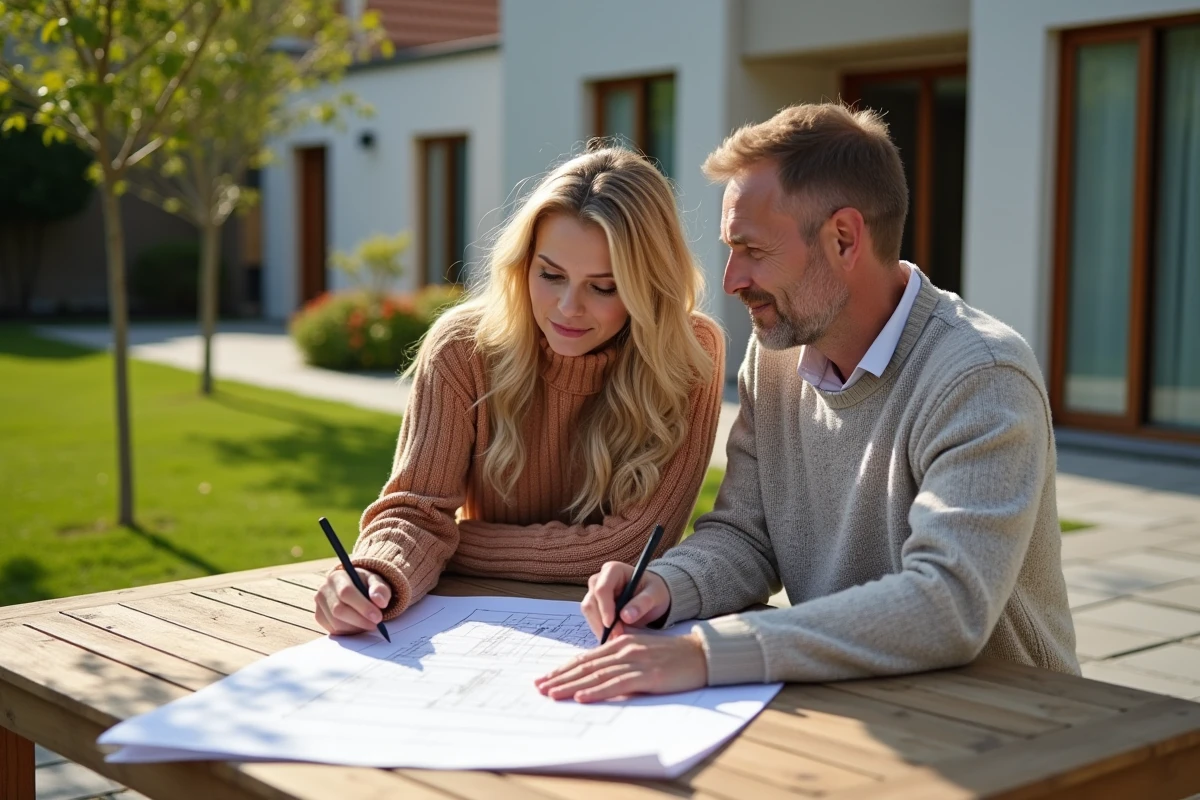 Couple regardant des plans sur une terrasse ensoleillee
