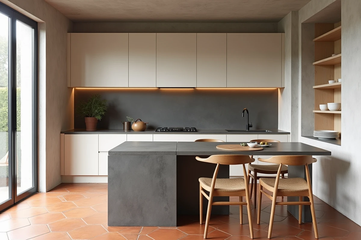 Cuisine minimaliste bicolore blanc cassé et gris anthracite avec îlot en pierre, table en chêne et chaises bentwood