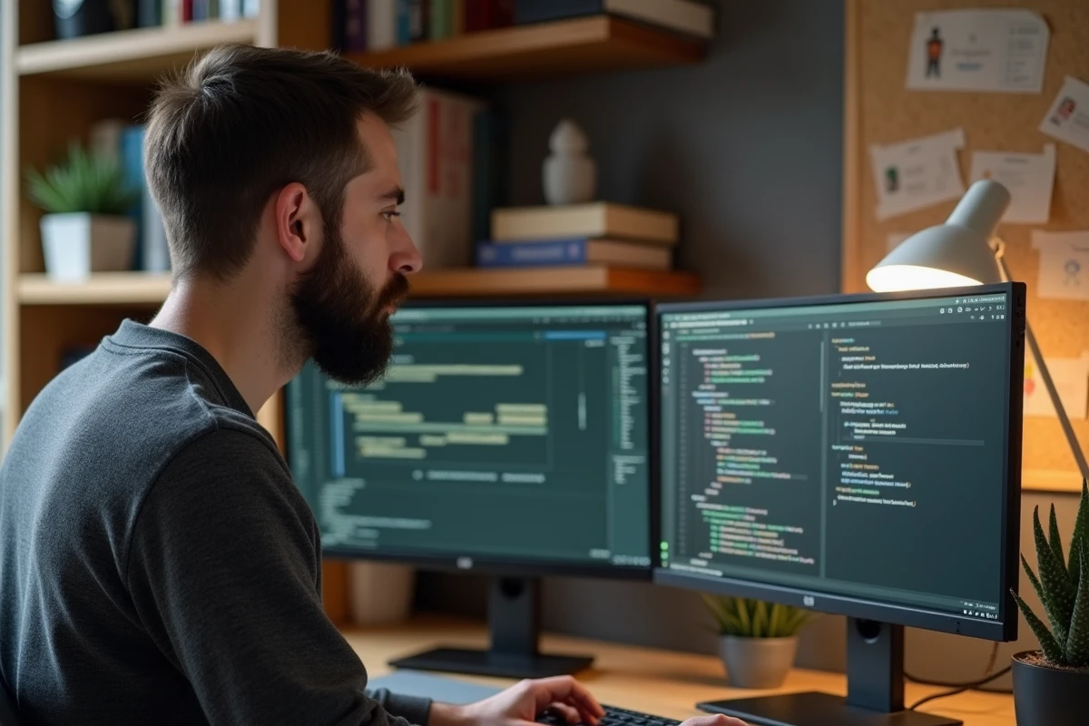 Développeur web indépendant gérant ses projets collaboratifs depuis un bureau à domicile avec double écran et interface Flow3