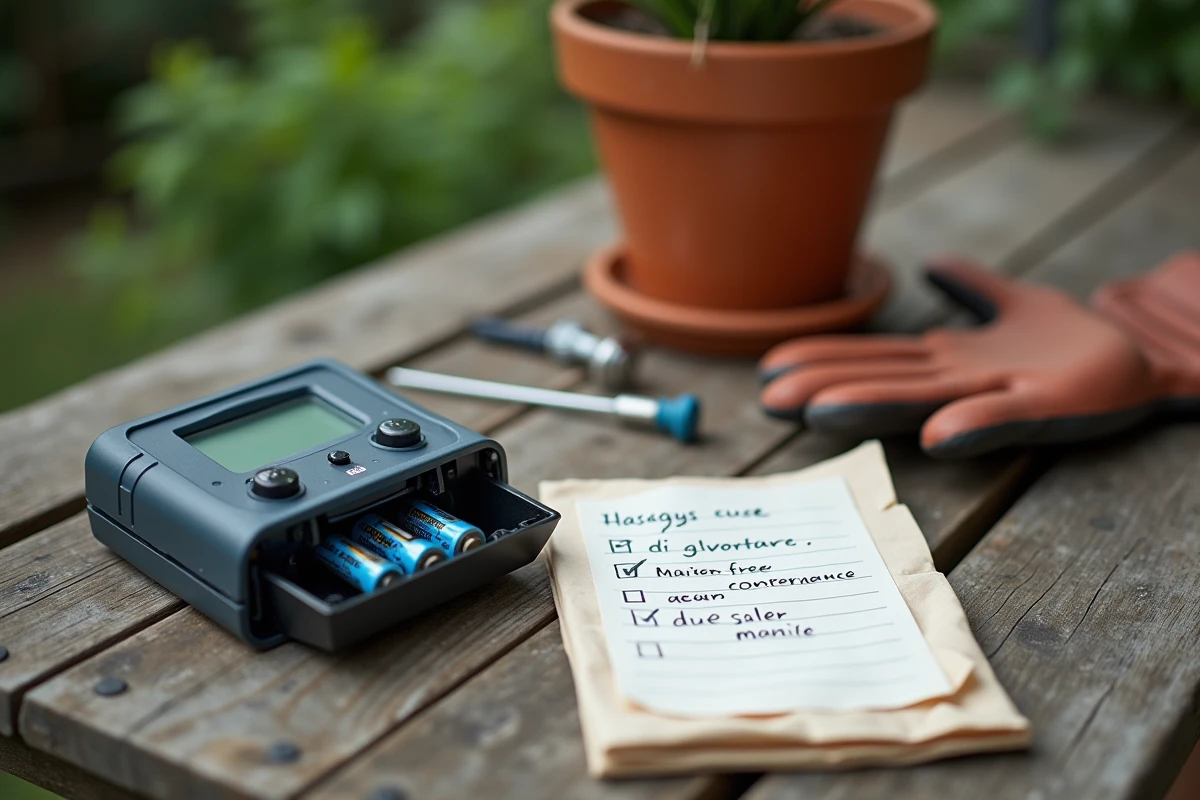 Vue rapprochée d'un programmateur d'arrosage ouvert avec piles alcalines neuves et carnet de maintenance sur une table de jardin en bois