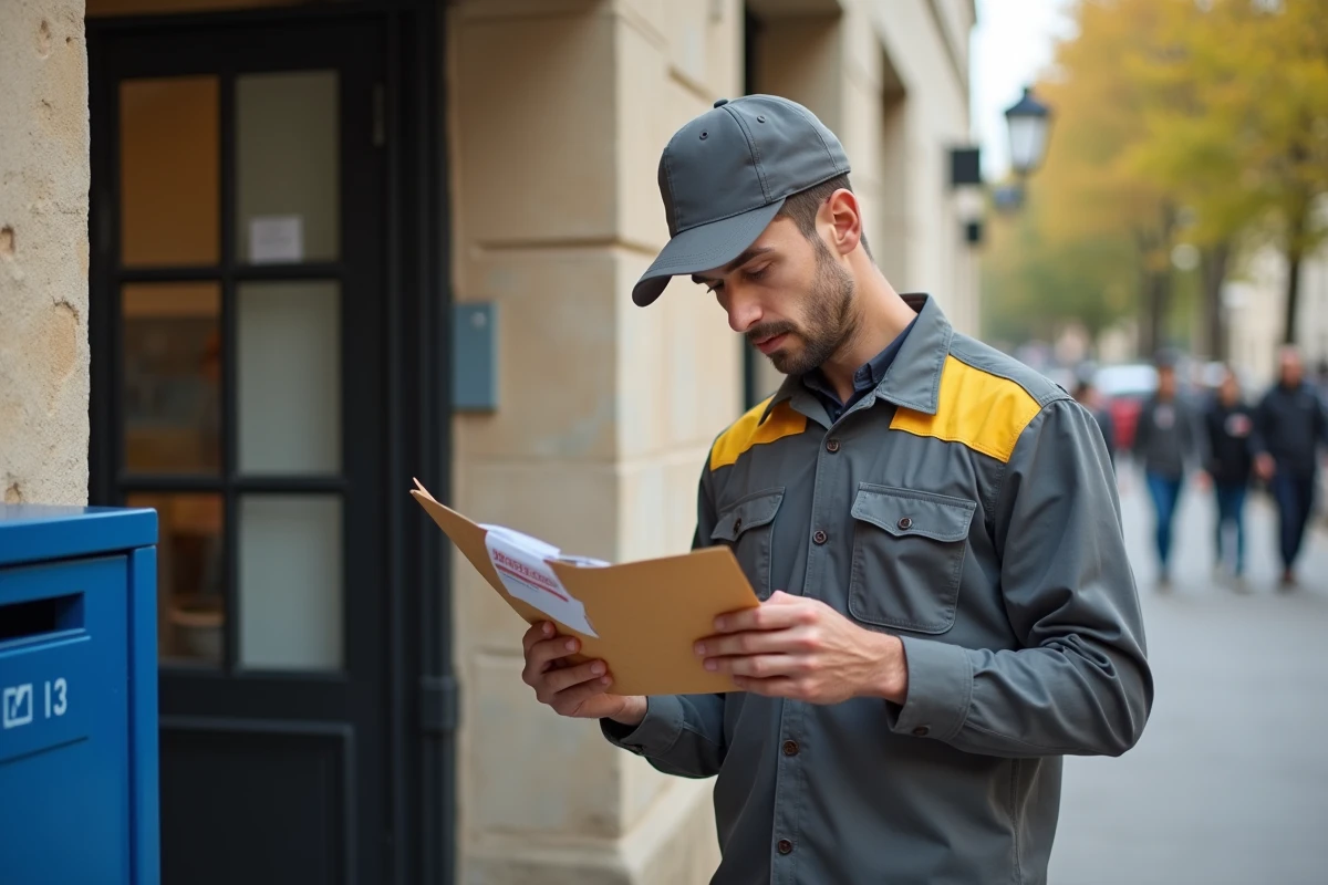 Facteur examinant une enveloppe retournée avec la mention adresse erronée au bureau de poste