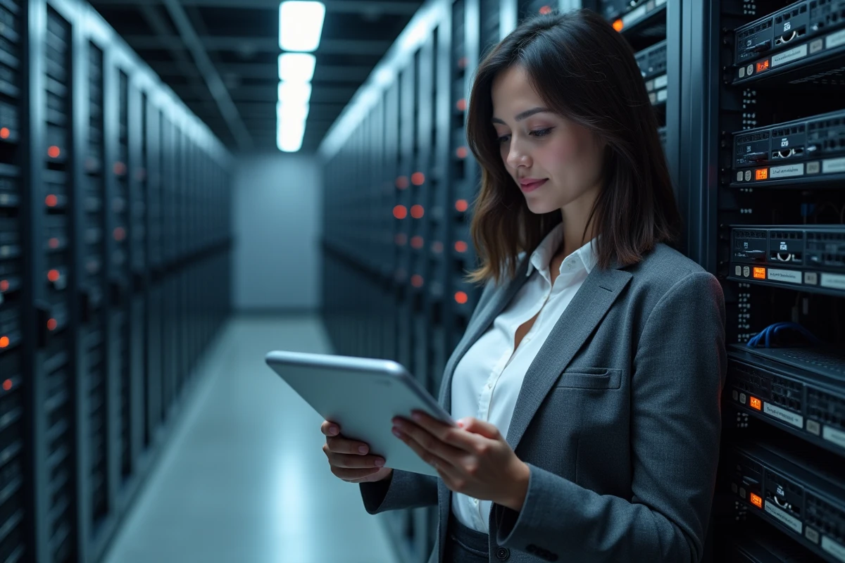Femme d'affaires consultant un tableau de bord réseau dans une salle serveur d'entreprise pour évaluer un fournisseur Internet