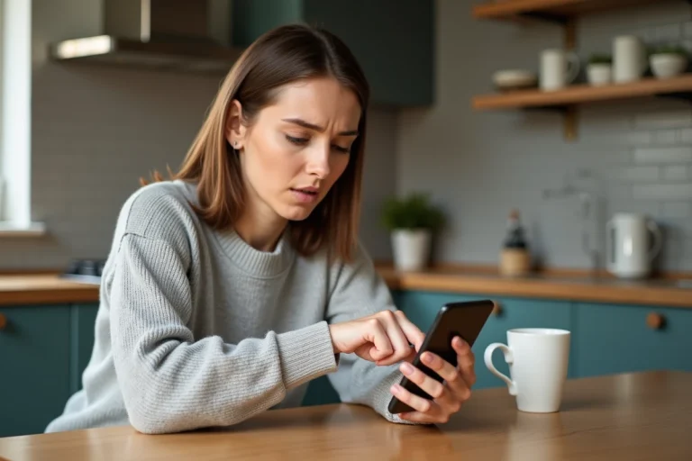 Femme consultant l'historique des appels manqués sur son smartphone dans une cuisine moderne