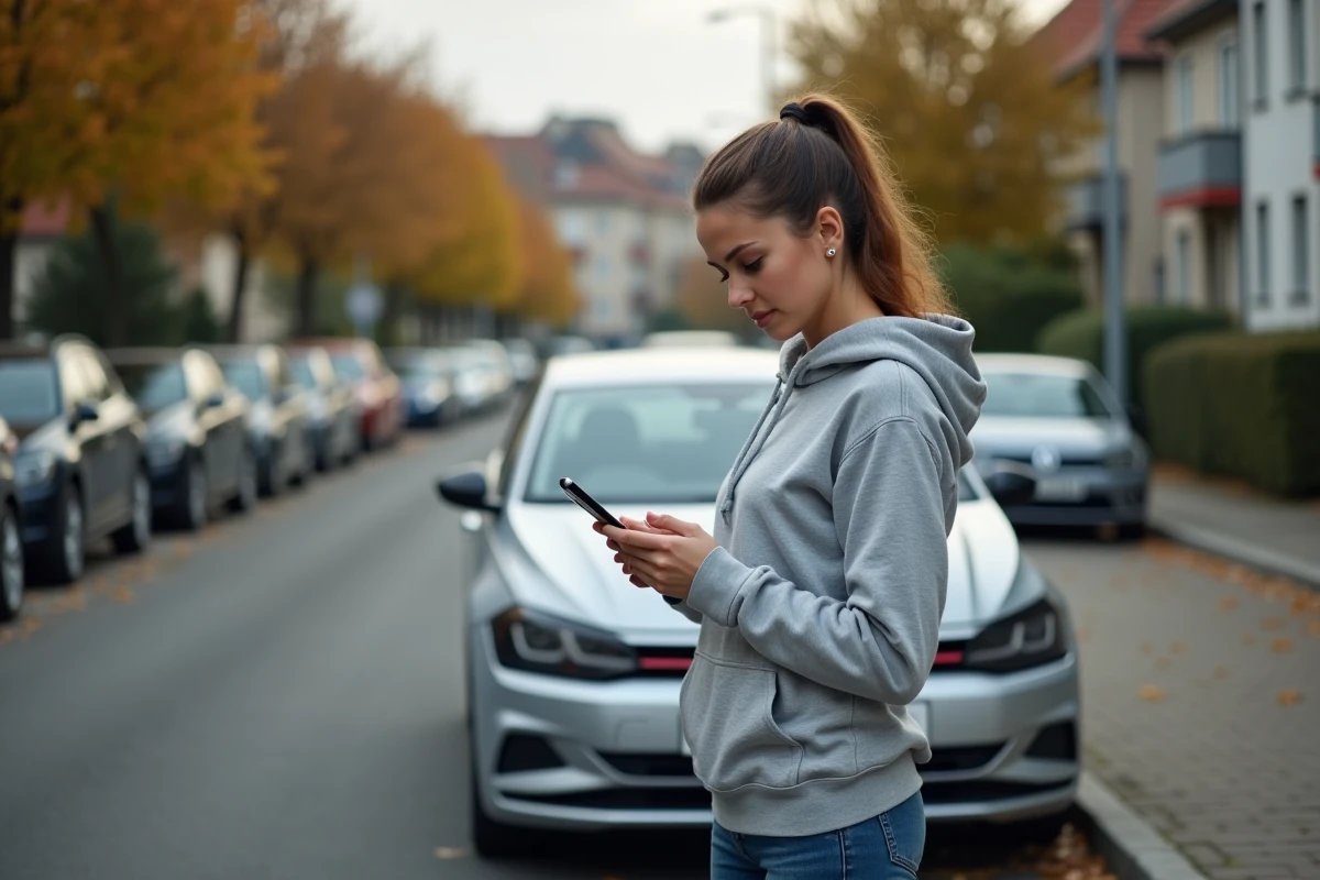 Femme consultant une application de diagnostic moteur sur smartphone à côté de sa Volkswagen Polo 5