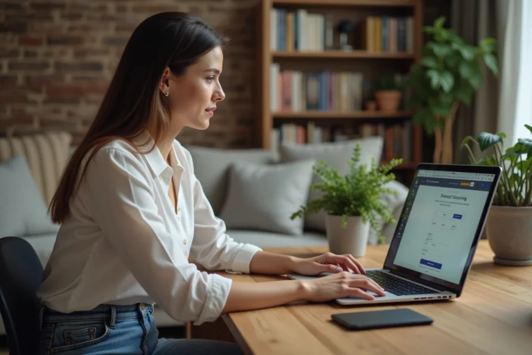 Femme au bureau regardant son ordinateur pour réserver un hôtel