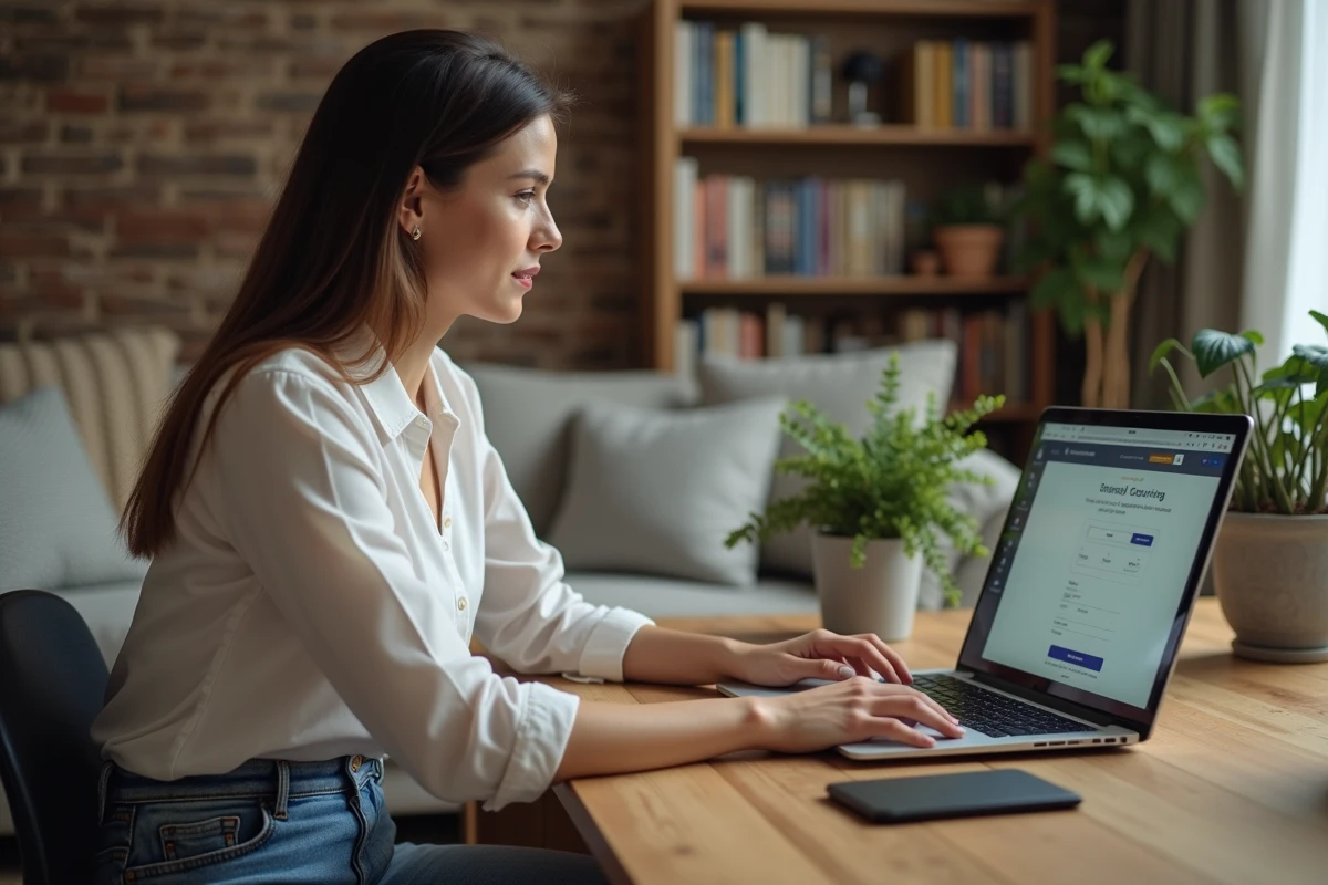 Femme au bureau regardant son ordinateur pour réserver un hôtel