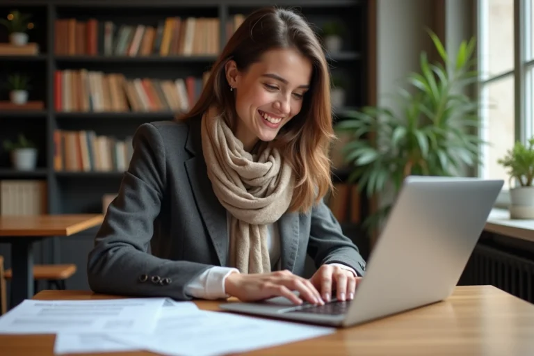 Jeune femme souriante travaillant dans un appartement parisien