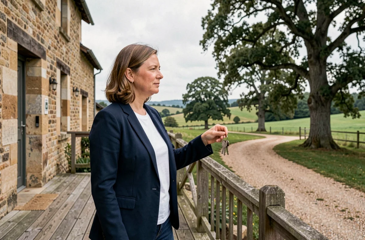 Femme tenant des clés devant une maison de campagne en France symbolisant une deuxième résidence principale