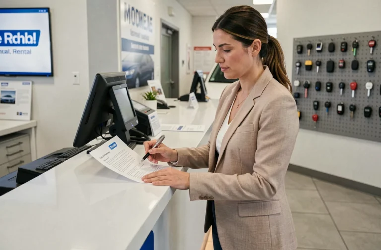 Femme examinant un contrat de location de voiture au comptoir d'une agence professionnelle