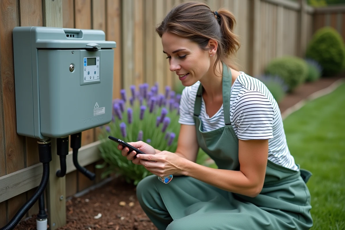 Femme consultant son smartphone pour l'entretien des piles de son programmateur d'arrosage dans un jardin résidentiel