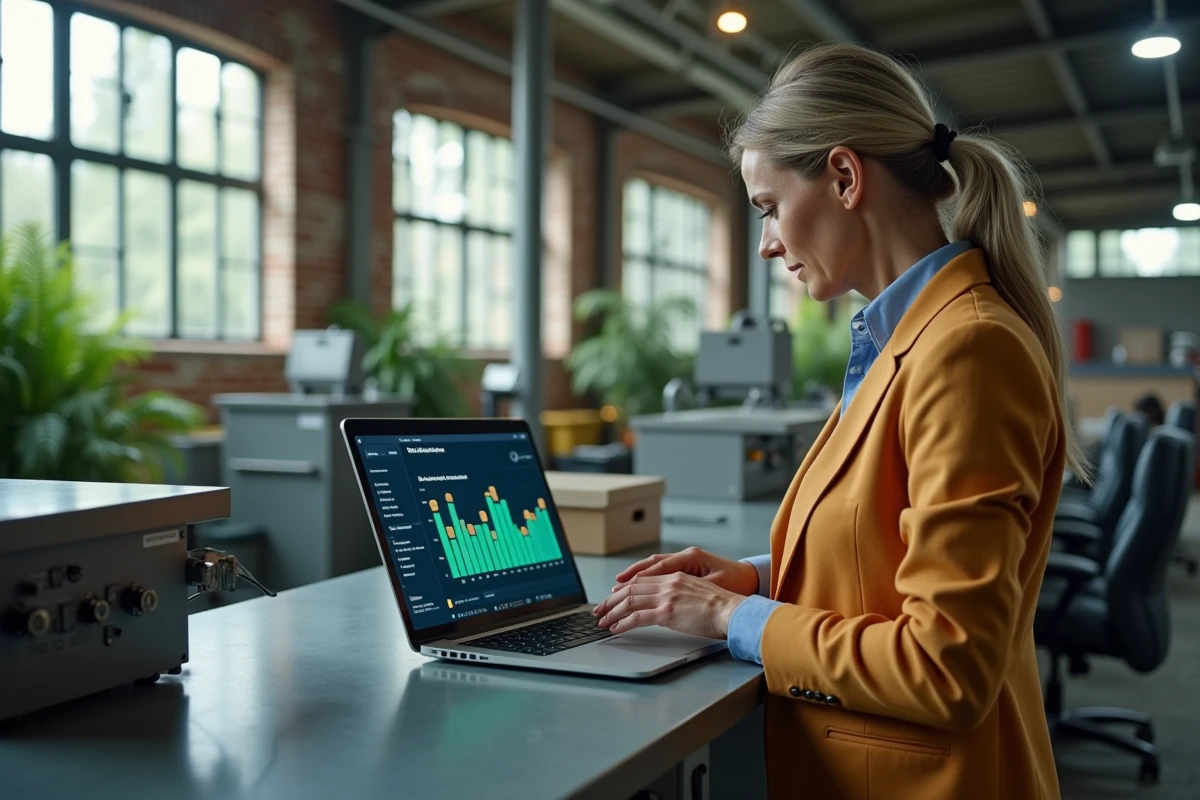 Femme gestionnaire vérifiant un tableau de bord énergie dans une usine