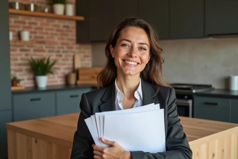 Femme souriante en immobilier dans un appartement rénové