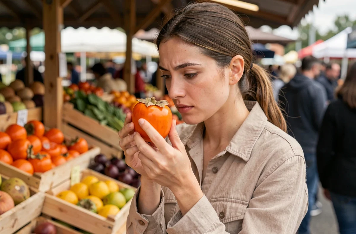 Jeune femme examinant attentivement un fruit kaki sur un étal de marché, symbolisant la prudence face aux allergies alimentaires