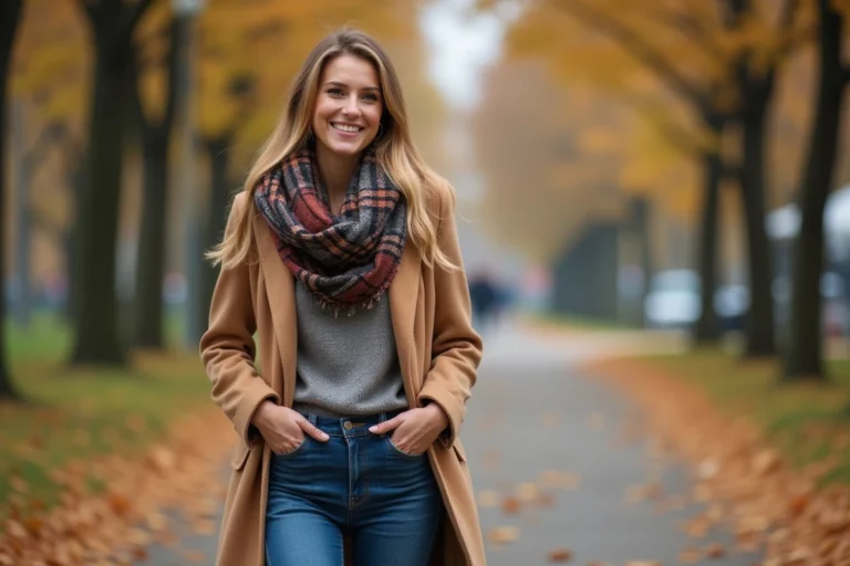 Femme élégante en tenue d'automne dans un parc urbain