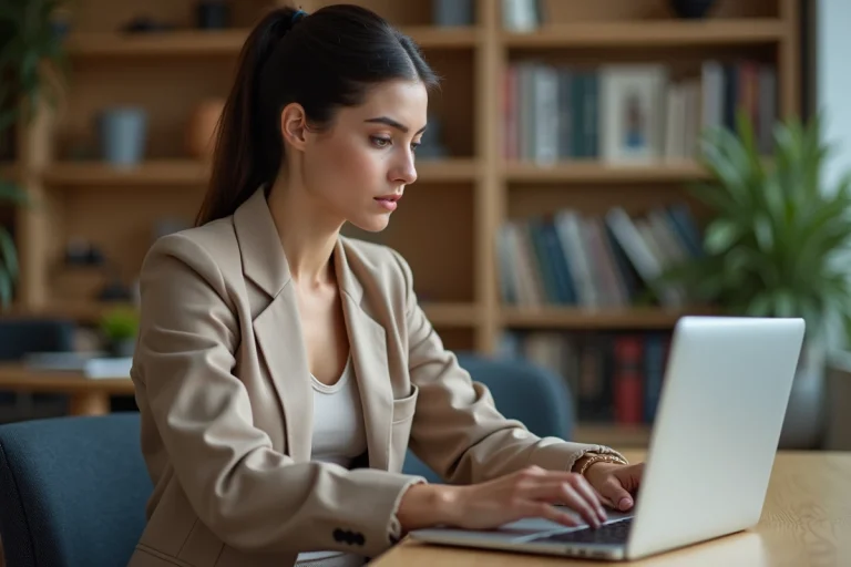 Jeune femme en mode sophistiqué travaillant sur un laptop