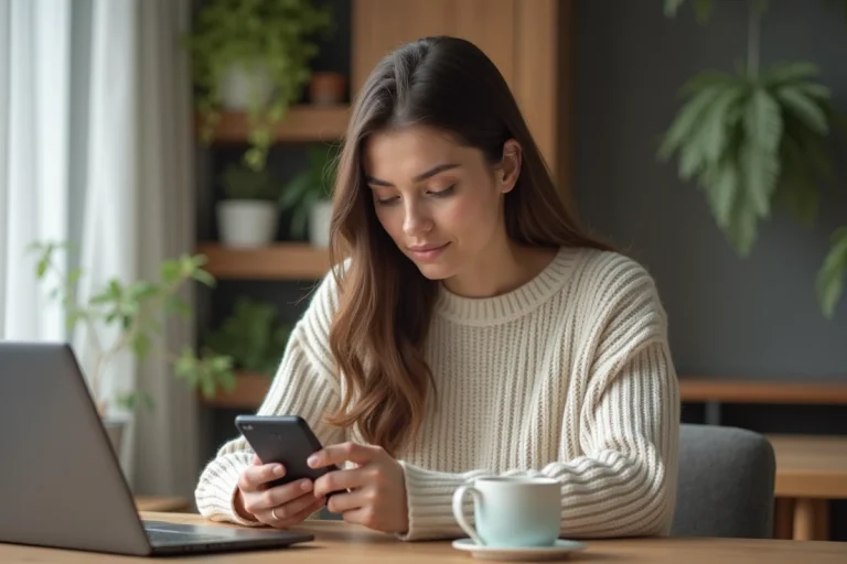 Jeune femme vérifiant un colis sur son smartphone dans un intérieur moderne
