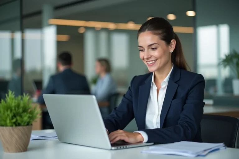 Femme d affaires souriante devant un ordinateur au bureau