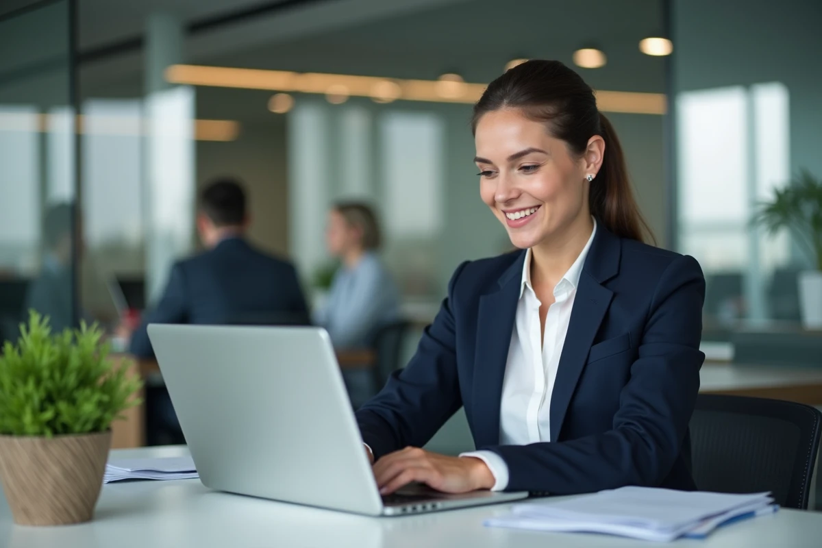 Femme d affaires souriante devant un ordinateur au bureau
