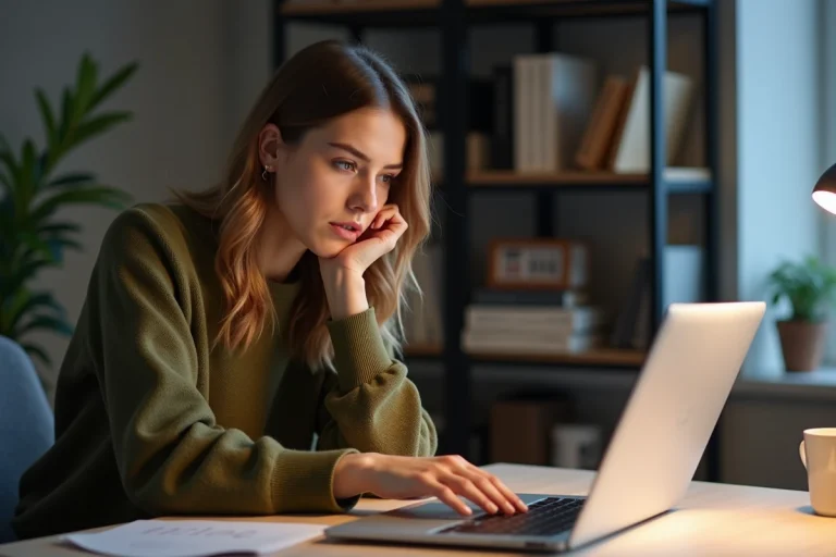 Jeune femme concentrée devant son ordinateur dans un bureau