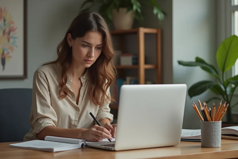 Jeune femme au bureau à domicile en train de prendre des notes
