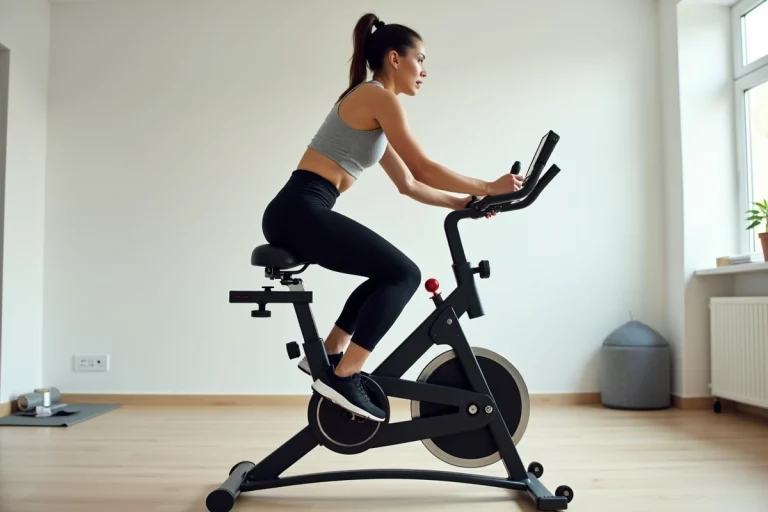 Femme utilisant un vélo d'appartement Sportstech X150 dans une salle de sport à domicile moderne