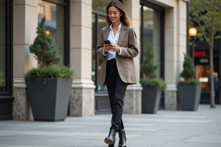 Femme élégante en blazer à carreaux dans la ville