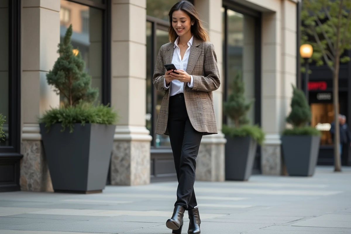 Femme élégante en blazer à carreaux dans la ville