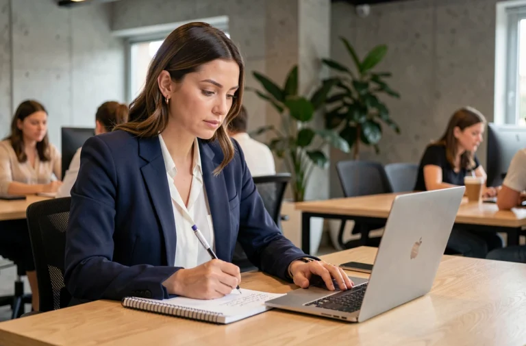 Femme professionnelle suivant une formation en ligne dans un espace de coworking moderne