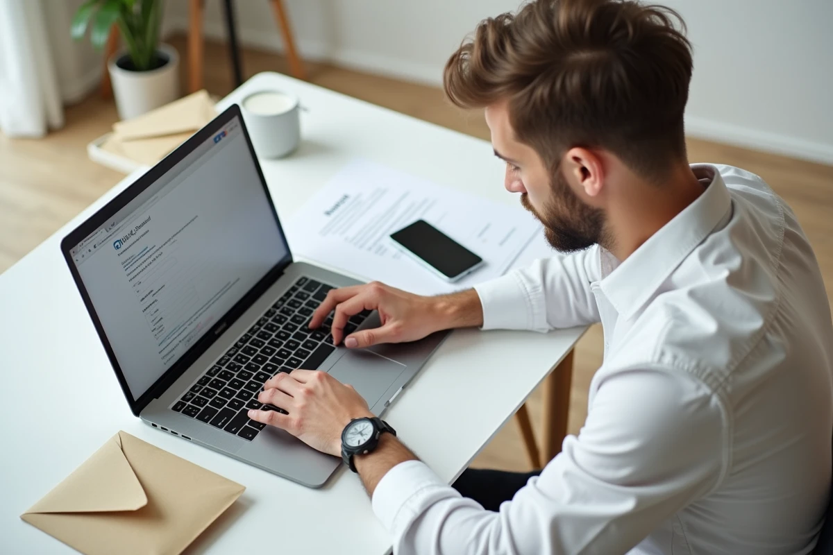 Homme remplissant un formulaire de réexpédition de courrier en ligne sur un ordinateur portable