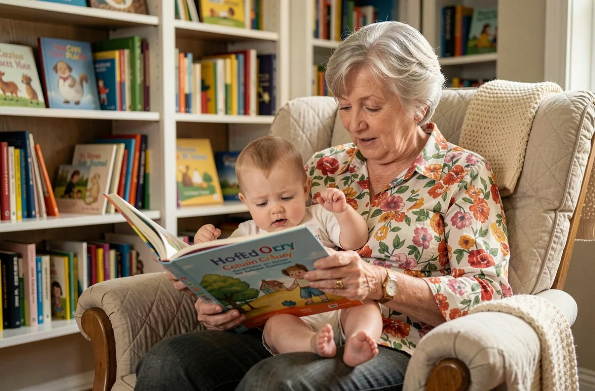 Grand-mère lisant un livre illustré à son bébé installé sur ses genoux dans un coin lecture cosy, moment de complicité et d'éveil par la lecture