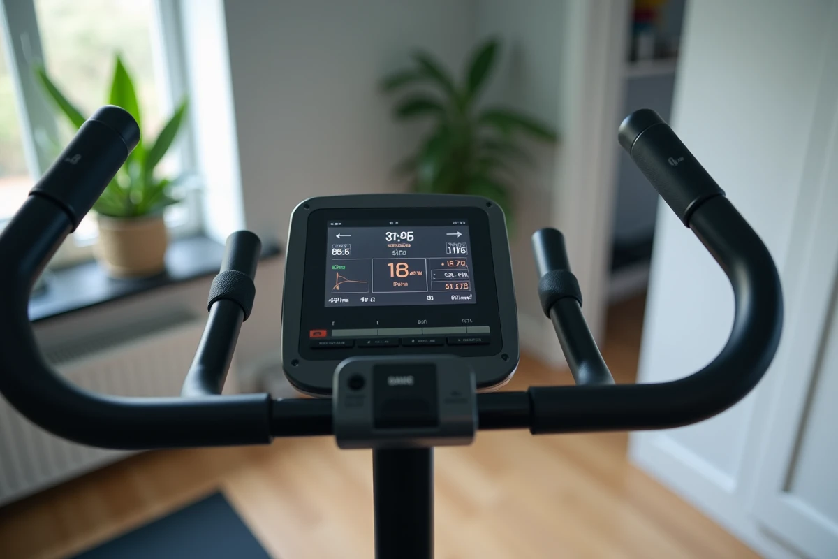 Gros plan sur le tableau de bord et les commandes du vélo d'appartement Sportstech X150