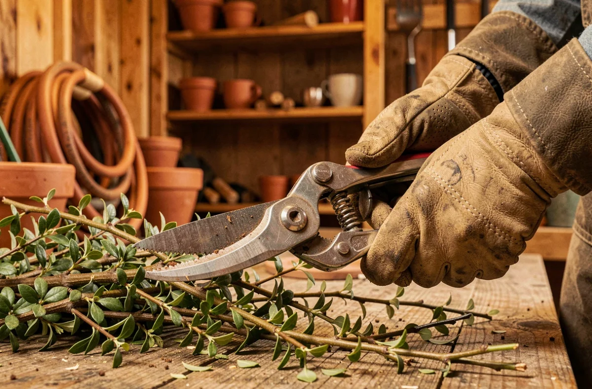 Gros plan de gants de jardinage et sécateur professionnel taillant des branches de troène sur un établi en bois