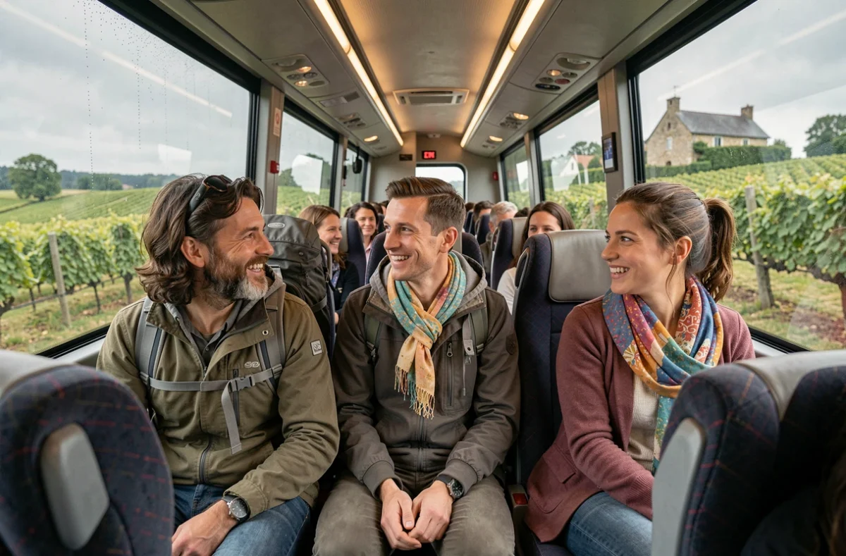 Groupe de voyageurs souriants à l'intérieur d'un bus interurbain traversant les vignobles de la campagne française