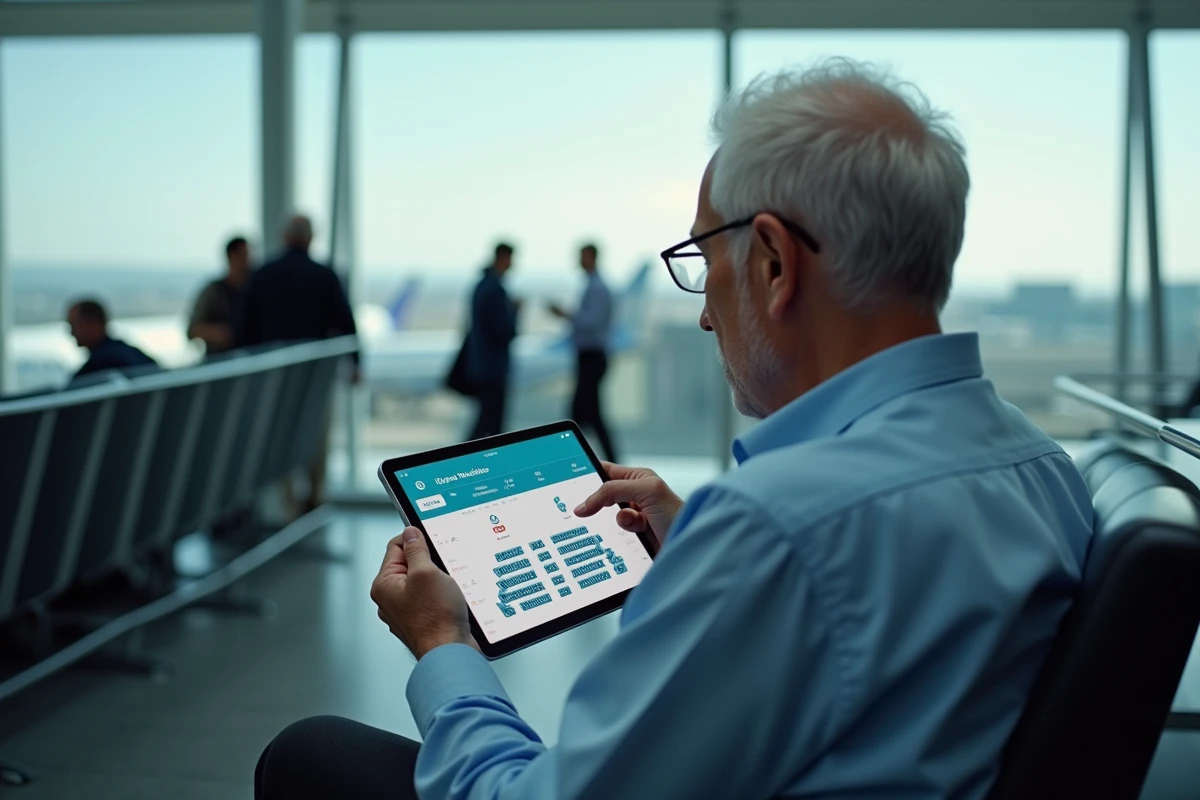 Homme âgé consulte un plan de sièges Ryanair à l