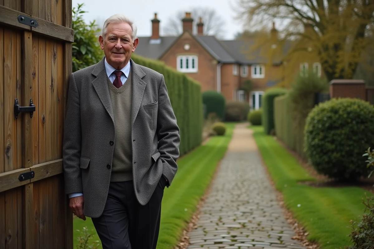 Homme britannique élégant de grande taille debout devant un manoir de campagne anglaise en automne, illustrant la vie personnelle d'une célébrité
