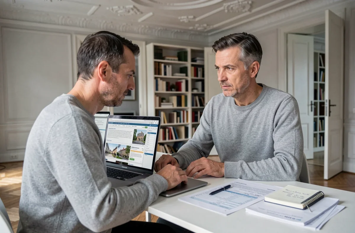 Homme analysant des documents fiscaux et immobiliers pour gérer deux résidences principales en France