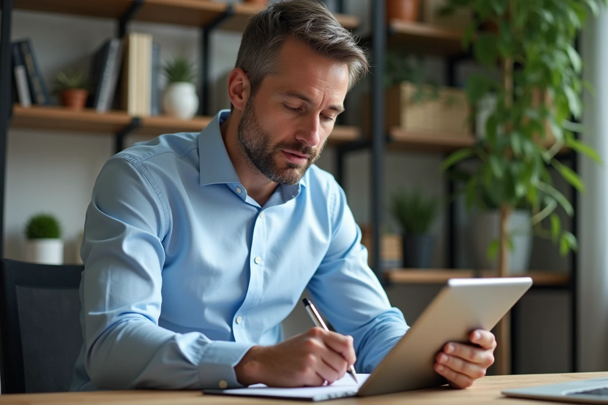 Homme d âge moyen travaillant à son bureau à domicile