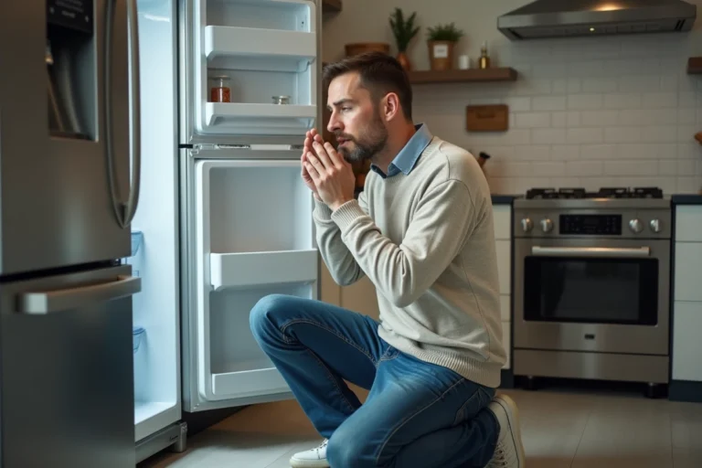 Homme d'âge moyen sentant l'air devant un frigo ouvert