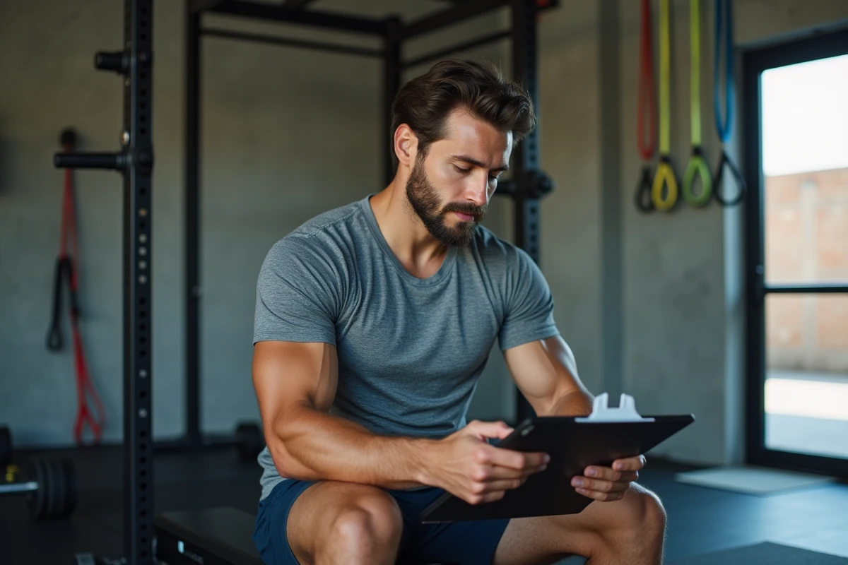 Homme consultant un plan d'entraînement sur un bloc-notes dans une salle de sport à domicile pour planifier sa routine fitness