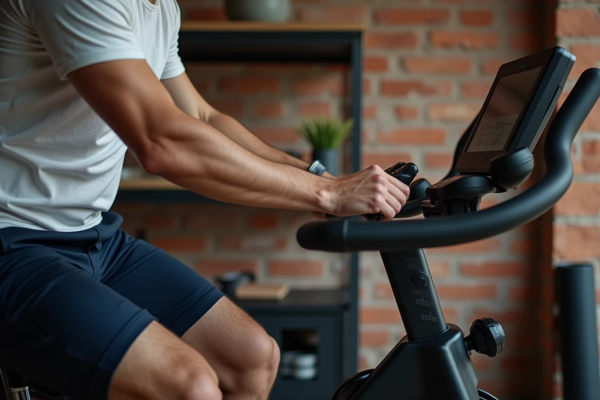 Homme réglant la résistance d'un vélo d'appartement Sportstech dans un appartement urbain