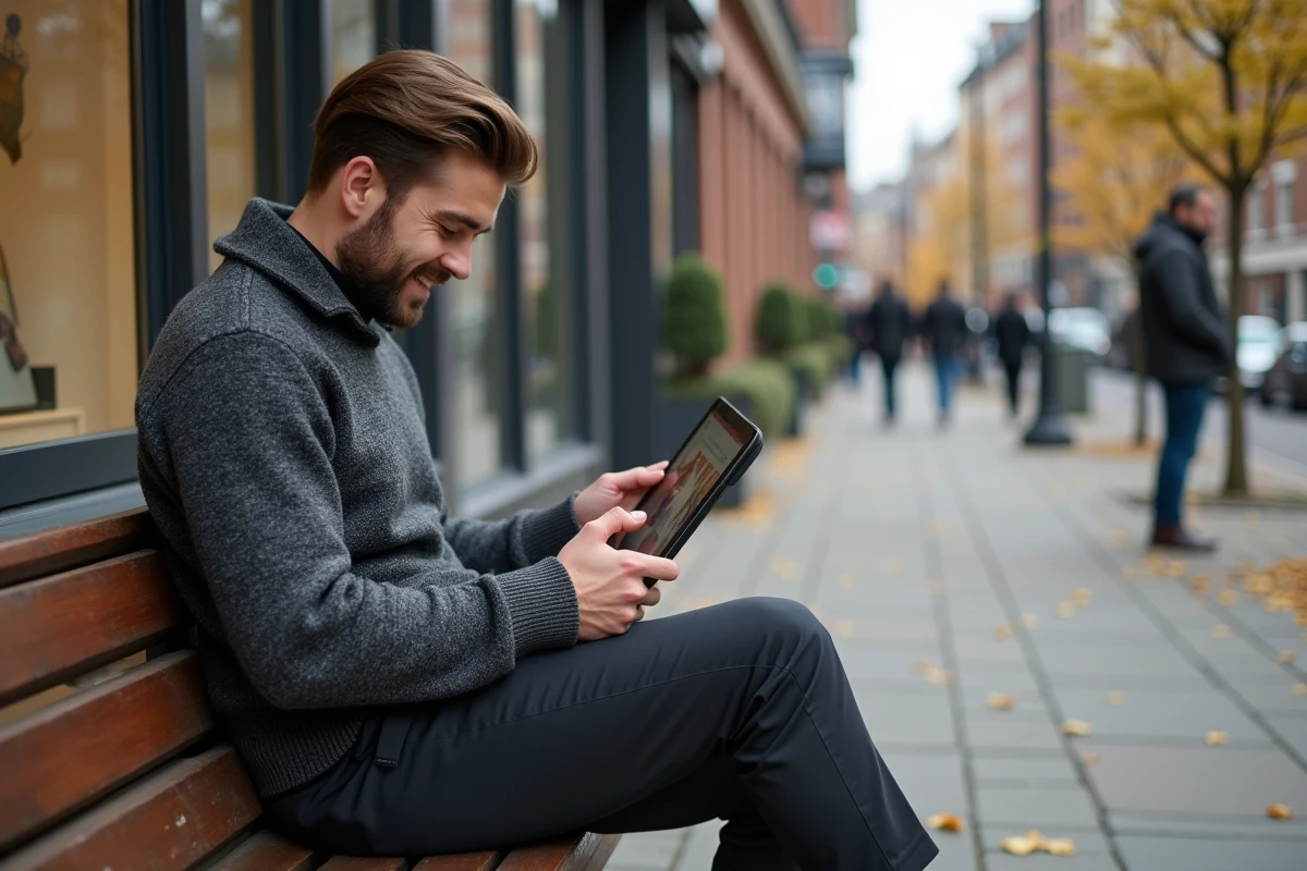 Homme en vêtements décontractés explorant un site de mode en ville
