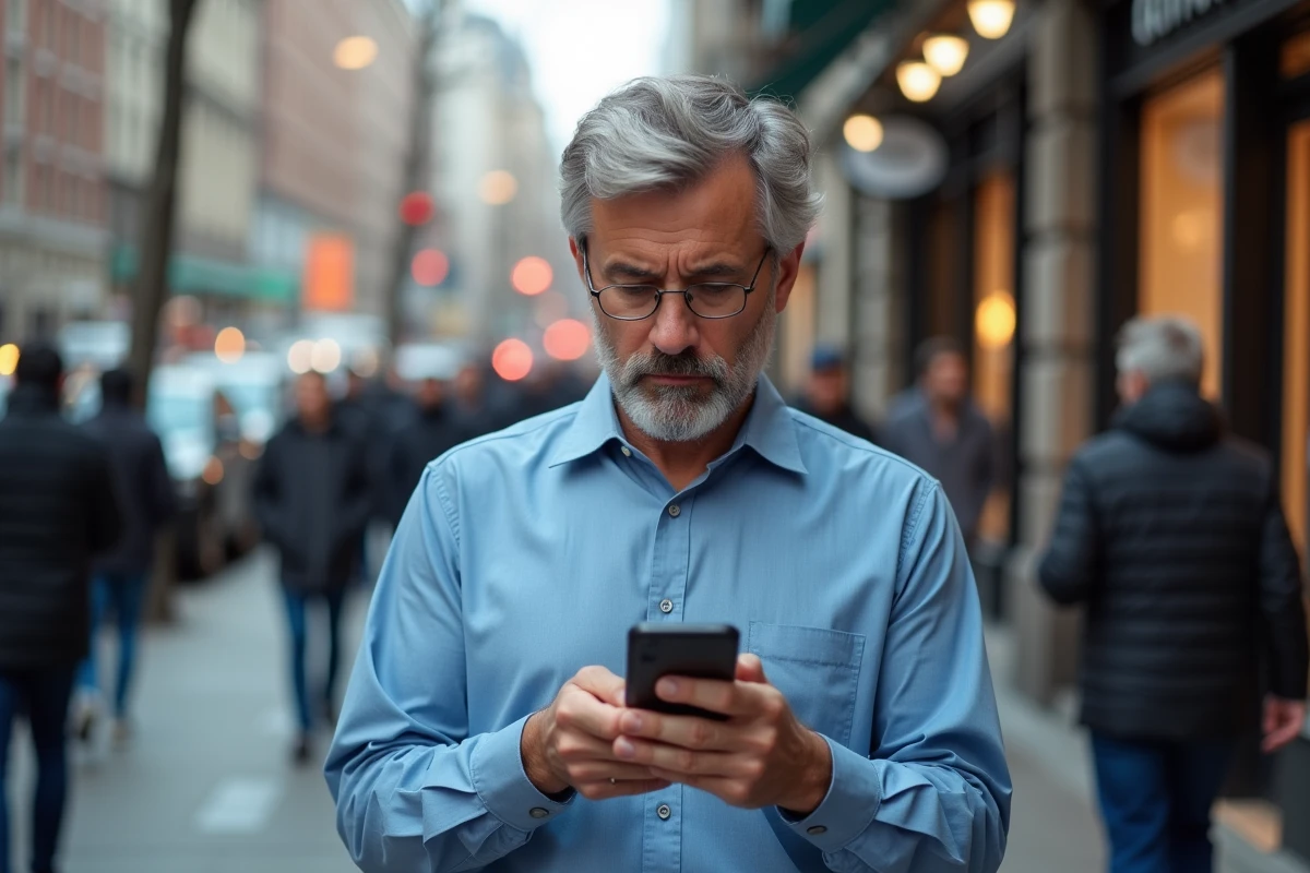 Homme regardant son smartphone dans une rue urbaine