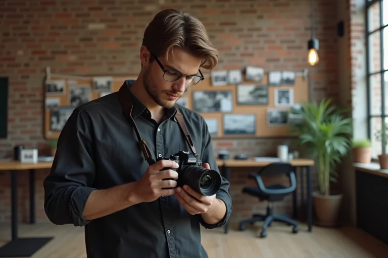 Jeune photographe professionnel examinant ses clichés dans un studio créatif aux murs en briques apparentes